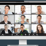 Asamblea virtual con participantes conectados en línea y votación electrónica